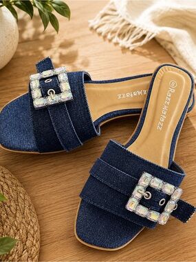 Women's Navy Denim Slide Sandals with Gem Buckle